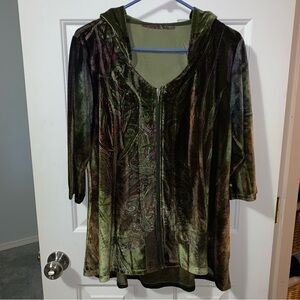 Women’s Hooded Lgt Wt Jacket/coverup Leaf Paisley Print Velvety green/purple